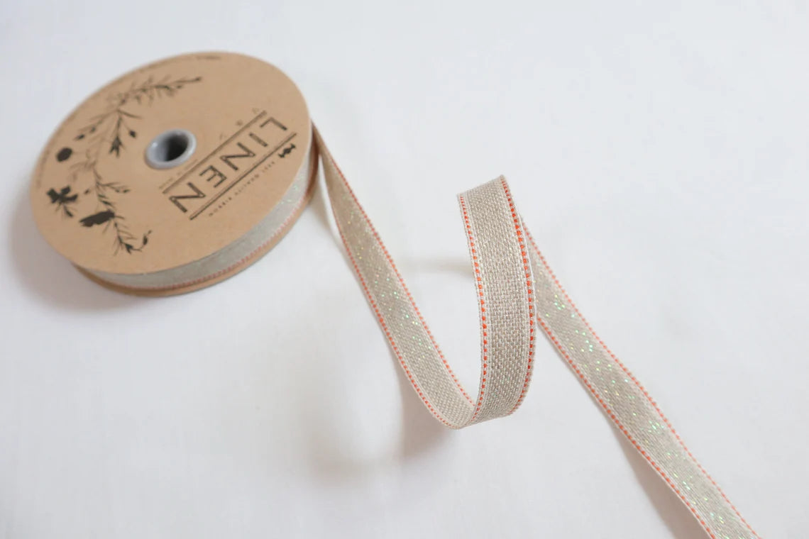 Linen 182 | Iridescent Glitter Linen Ribbon with Orange Stitches | 15m ...